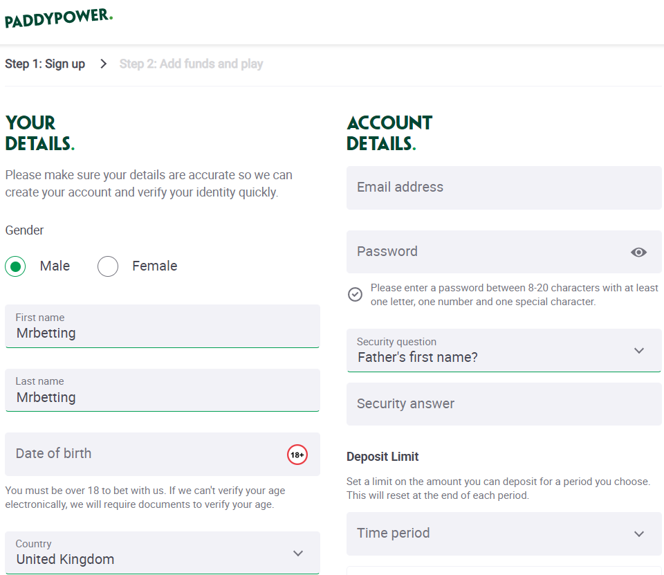 create your PaddyPower login account