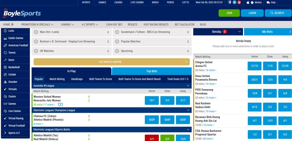 BoyleSports Website and Navigation for Sports Betting 