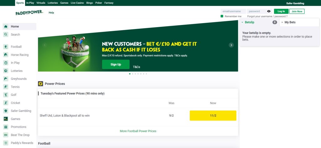 Paddy Power Website and Navigation for Sports Betting 